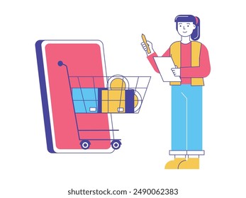 Woman noting grocery items on paper, buying online items in trolley. Character design. Vector flat illustration