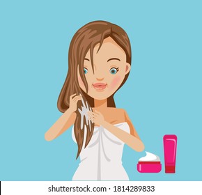Woman is nourishing her hair with a variety of treatments. Cartoon teenager hair treatment. Vector illustration isolated on blue background