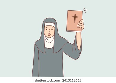 Woman nun from church shows holy bible in shock and swears because of violations of rules of conduct in christian temple. Evil catholic nun calls to avoid committing mortal sins or to repent