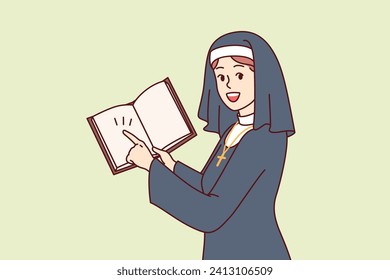 Woman nun with open bible in hands points finger at predictions, dressed in catholic cassock. Girl nun works in church or cathedral, preaching faith in jesus and talking about importance of prayers