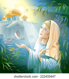 Woman is a nun praying in the monastery. Madonna. Vector illustration.