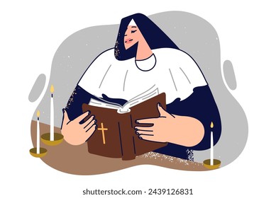 Woman nun reads bible, standing near altar with burning candles during sunday liturgy. Girl clergyman participating in funeral liturgy is dressed in catholic clothing and christian veil.