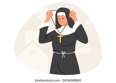 Woman nun in religious cassock wears necklace with christian cross going to worship in church. Young girl nun working in catholic church and helping people who came to temple for blessings