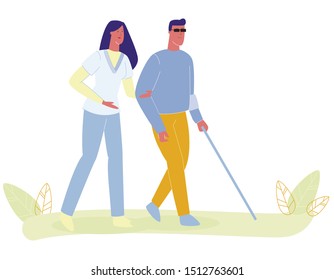 Woman Nurse Assisting Blind Man Vector Illustration. Blindness Person Walk with Cane.  