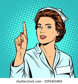 woman nurse attention gesture. Pop art retro vector illustration kitsch vintage