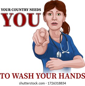 A woman nurse or doctor in surgical or hospital scrubs and mask pointing in a your country needs or wants you gesture. With the message to wash your hands