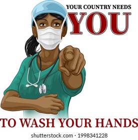 A woman nurse or doctor in surgical or hospital scrubs and mask pointing in a your country needs or wants you gesture. With the message to wash your hands