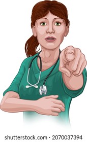 A woman nurse or doctor in surgical or hospital scrubs pointing in a your country needs or wants you gesture. 