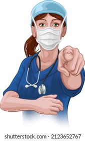 A woman nurse or doctor in surgical or hospital scrubs and mask pointing in a your country needs or wants you gesture.