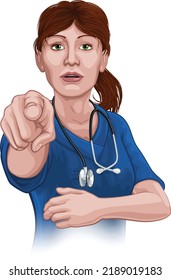 A woman nurse or doctor in surgical or hospital scrubs pointing in a your country needs or wants you gesture. 
