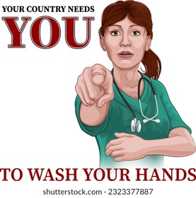 A woman nurse or doctor in surgical or hospital scrubs pointing in a your country needs or wants you gesture. With the message to wash your hands