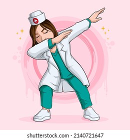 Woman nurse doing dabbing dance, medical health care character dab movement, Dabbing doctor 