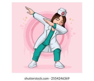 Woman nurse doing dabbing dance, medical health care character dab movement, Dabbing doctor vector