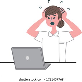 woman nurse laptop computer worried