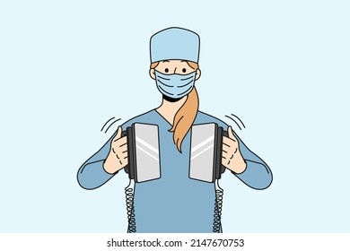 Enfermera con uniforme médico y mascara resucitando paciente en el hospital. Las trabajadoras usan desfibrilador en la ER en la clínica. Medicina y salud. Ilustración vectorial. 