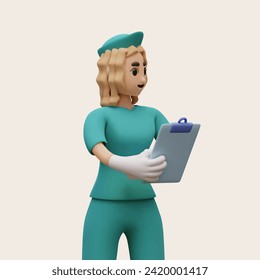 Woman nurse in rubber gloves is holding clipboard with list