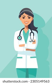 A woman nurse with a stethoscope, Vector Illustration, an Isolated woman doctor with a stethoscope on her head stands with her arms crossed.