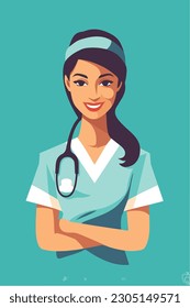 A woman nurse with a stethoscope, Vector Illustration, an Isolated woman doctor with a stethoscope on her head stands with her arms crossed.