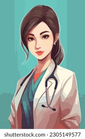 A woman nurse with a stethoscope, Vector Illustration, an Isolated woman doctor with a stethoscope on her head stands with her arms crossed.