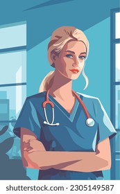 A woman nurse with a stethoscope, Vector Illustration, an Isolated woman doctor with a stethoscope on her head stands with her arms crossed.