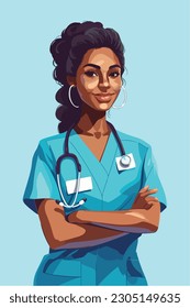 A woman nurse with a stethoscope, Vector Illustration, an Isolated woman doctor with a stethoscope on her head stands with her arms crossed.