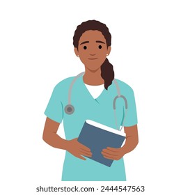 Mujer enfermera en uniforme sosteniendo cuaderno y pluma para tomar notas, trabajadora de la salud interna de pie y sonriendo. Ilustración vectorial plana aislada sobre fondo blanco