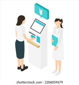 A Woman And A Nurse Using An Automatic Payment Machine At A Hospital