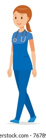 A woman nurse walking in a blue scrub is walking