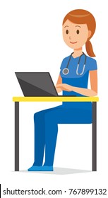 A woman nurse wearing a blue scrub is operating a laptop computer