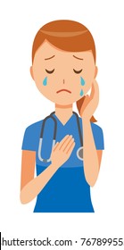 A woman nurse wearing a blue scrub is crying