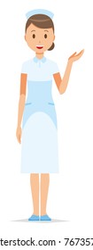 A woman nurse wearing a nurse cap and white coat is showing us