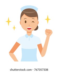 A woman nurse wearing a nurse cap and white coat is raising his fist