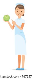 A woman nurse wearing a nurse cap and white coat has a green apple