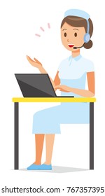 A woman nurse wearing a nurse cap and white coat is talking with a headset