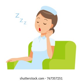 A woman nurse wearing a nurse hat and white coat is sitting down on the sofa