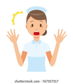 A woman nurse wearing a nurse hat and white coat is surprised