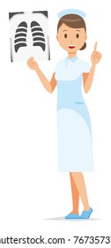 A woman nurse wearing a nurse hat and white coat has an X-ray picture