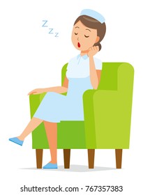 A woman nurse wearing a nurse hat and white coat is sitting down on the sofa