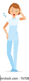 A woman nurse wearing a white uniform is tired