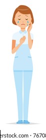 A woman nurse wearing a white uniform is crying