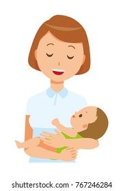A woman nurse wearing a white uniform holds her baby