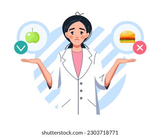 A woman nutritionist with an apple and a hamburger in her hands. Choose between healthy and unhealthy food, fast food and a balanced menu. Comparison of fast food and balanced menu. Vector