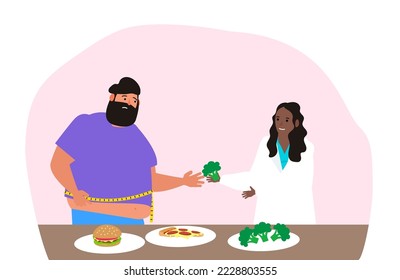 woman nutritionist gives a broccoli to overweight  man weight loss healthy food concept  vector illustration