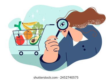 Woman nutritionist selects vegetables for proper nutrition, standing with magnifying glass near shopping cart. Nutritionist girl inspects organic products in supermarket for presence of pesticides.