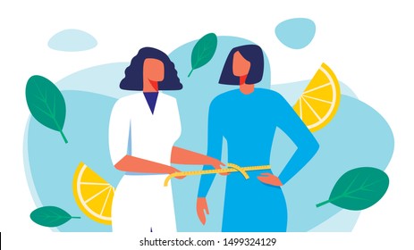 Woman Nutritionist in White Coat Measures Waist Woman Patient. Woman with Slim Body. Vector Illustration. Training for Women. Diet and Workouts. Nutritionist and Patient. Weight Loss Course.