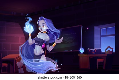 Woman nymph in magic school interior, fantasy character looking on wizard fire on hand. Young witch wear loincloth, wrapped into long hair admire of magical blaze at night Cartoon vector illustration