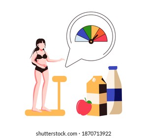 Woman and obese chart scales isolated flat vector illustration. Cartoon person on diet trying weight control with BMI. Body mass index and fitness exercise concept