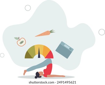 Woman and obese chart scales.Cartoon person on diet trying weight control with BMI.flat design.illustration with people.