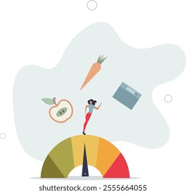 Woman and obese chart scales.Cartoon person on diet trying weight control with BMI.flat characters.