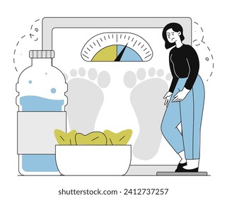 Mujer y obesidad lineal. Muchacha gorda cerca de pesos y escalas. Trastorno mental y problemas psicológicos. Carácter con sobrepeso. Ilustración del vector plano Doodle aislada en fondo blanco